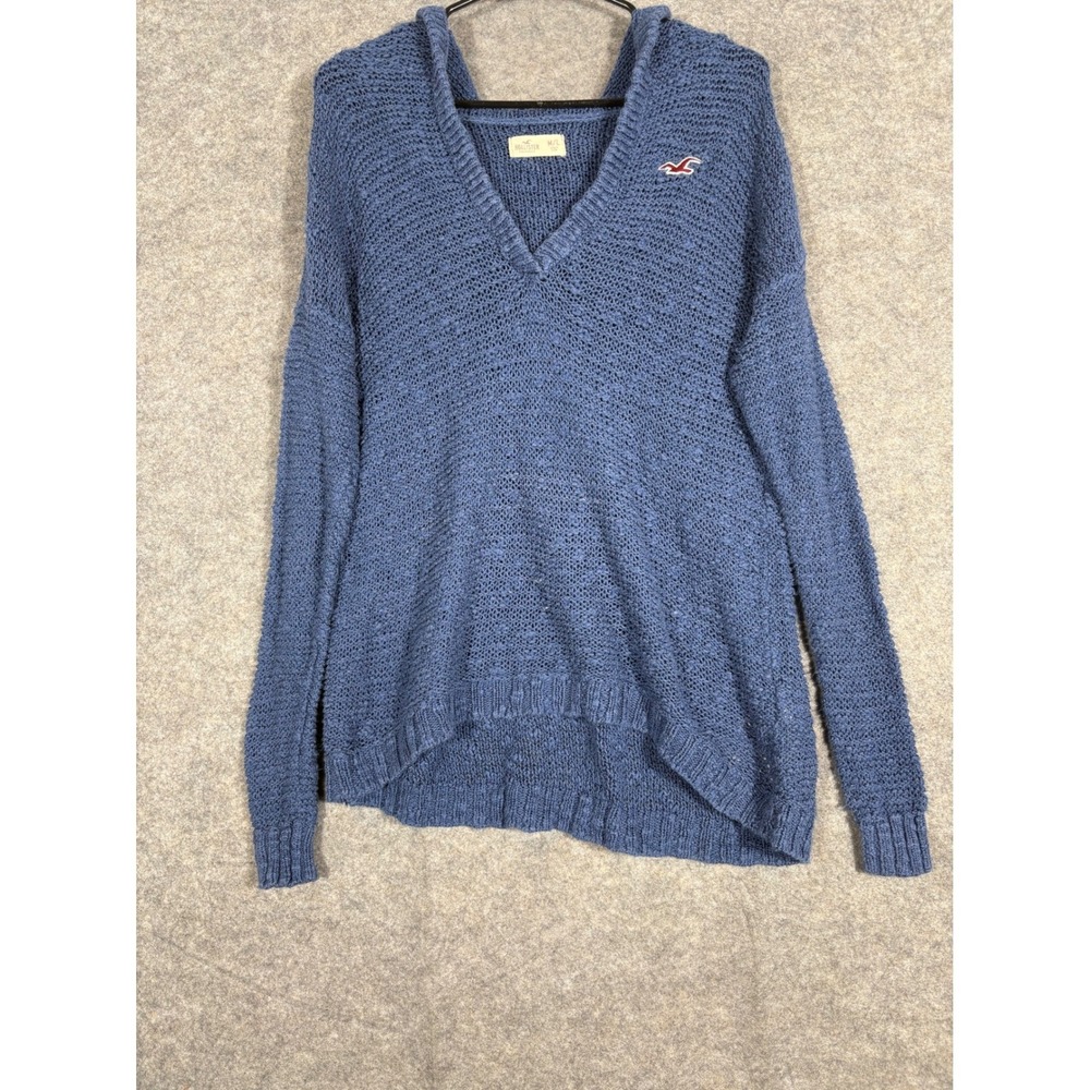 Hollister Women's Blue Knit V Neck Hoodie Sweater M L